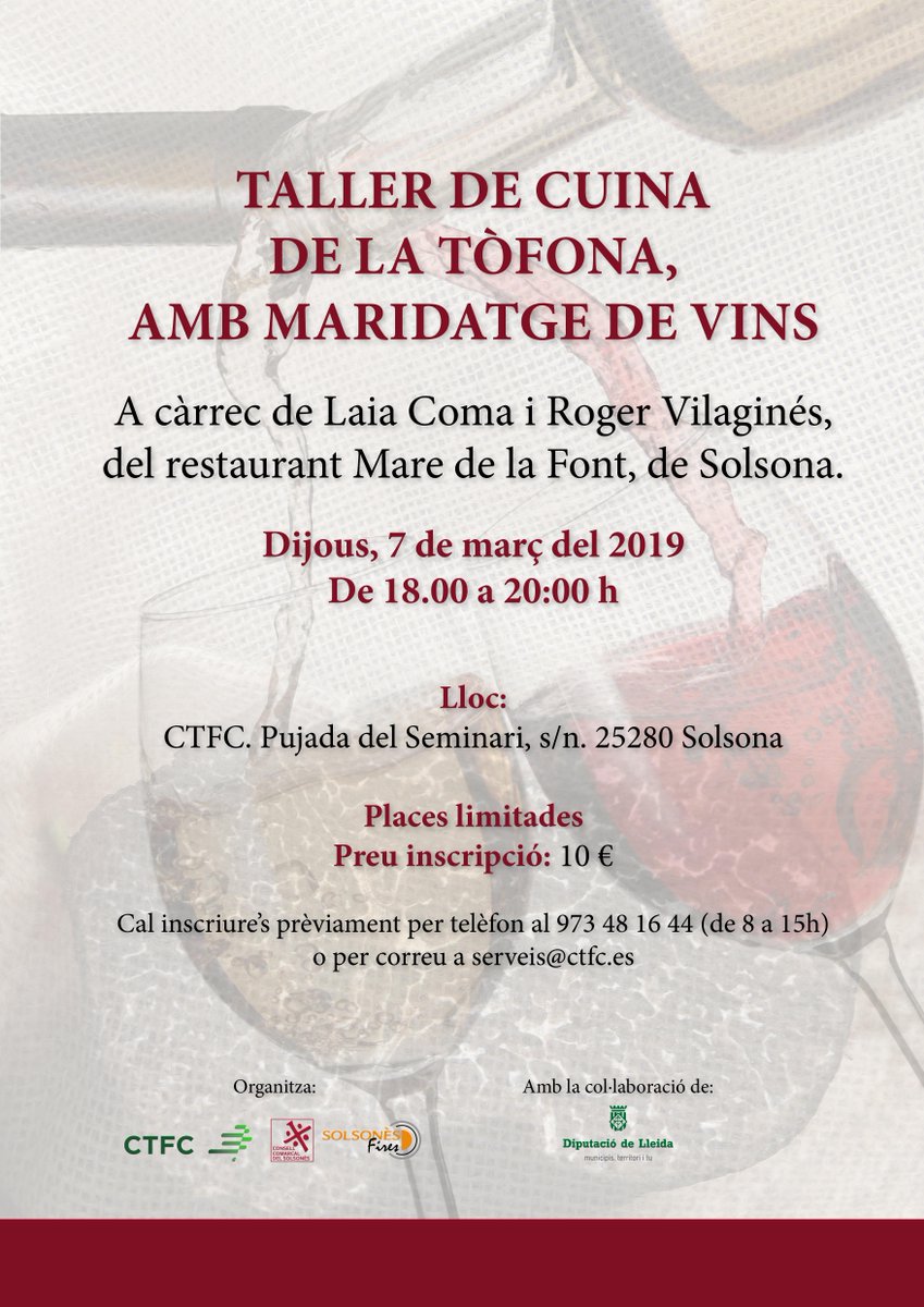 📌Taller de cuina de la tòfona, amb maridatge de vins. 
📅: 07/02
🕝: 18h
📍: Solsona
bit.ly/2SQL2Re <a href="/ctforestal/">CTFC</a> <a href="/DiputacioLleida/">Diputació de Lleida</a>