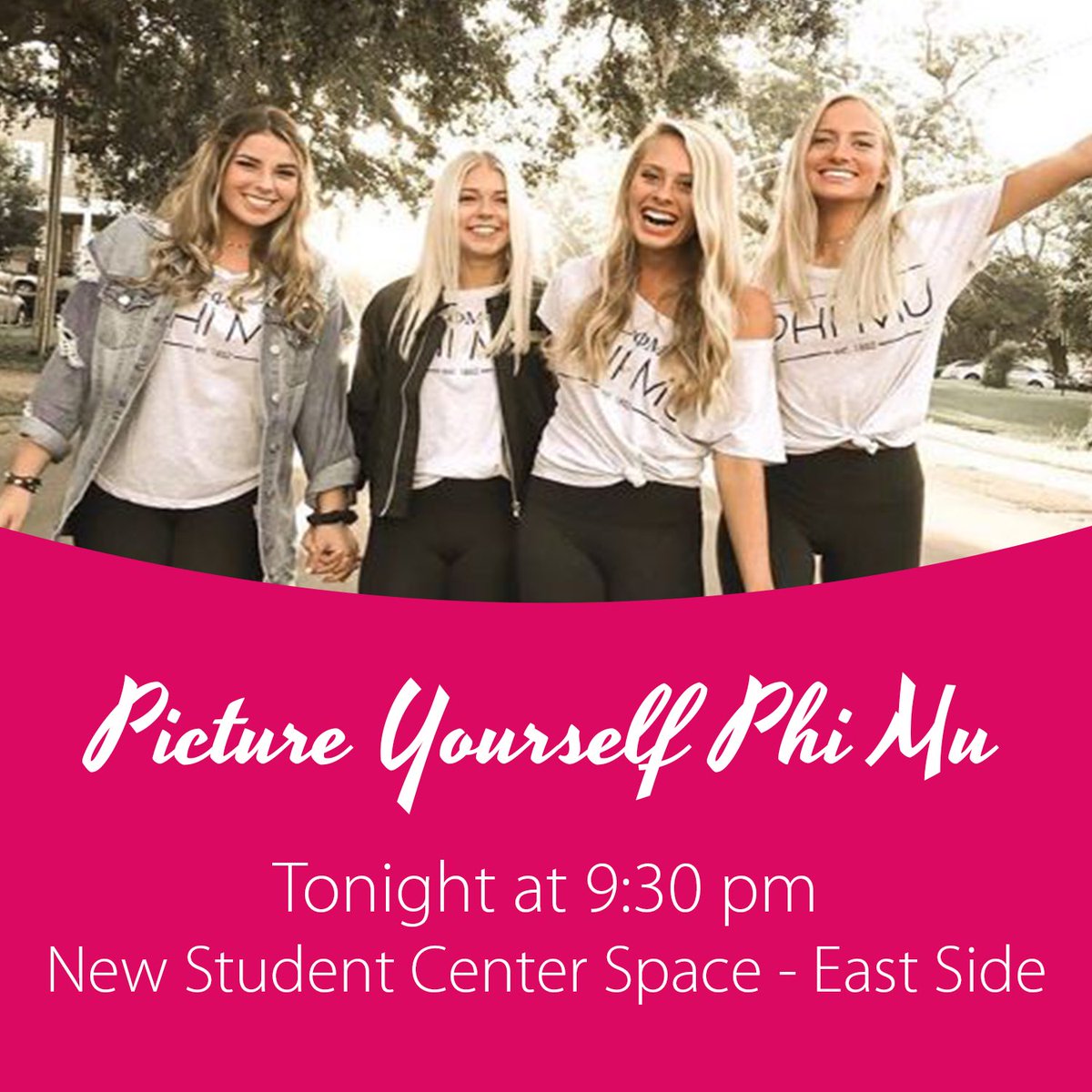 PacePhiMu's tweet photo. Join us tonight at our first recruitment event! This is a great way to learn more about Phi Mu while having fun taking pictures and enjoying some dessert! https://t.co/Key1eFaEkw