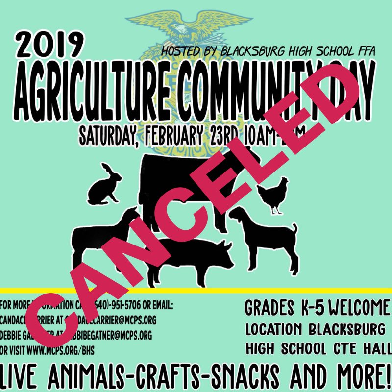 Due to circumstances beyond our control, Ag Day will be canceled at this time. Thanks so much for your understanding and patience. Please share! <a href="/BburgHSBruins/">Blacksburg High</a> <a href="/mcps_va/">MCPS</a> @markrhusband <a href="/BlacksburgStuff/">Blacksburg Stuff</a> <a href="/nrvnews/">NRVNews</a> @nrvmacaronikid