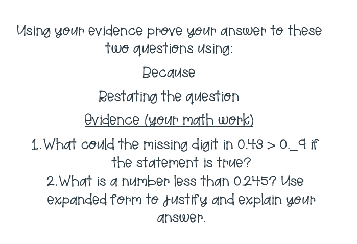 Mrsablund's tweet photo. Evidence writing today! Writing should happen in all subjects!! It is in room 108! #restatingquestion #evidence @mathbarb @ohioctm @NCTM @WilsonElem @FHSchools #comparingdecimals #mtbos #readingwritingandmath https://t.co/9BCuBwPDe8