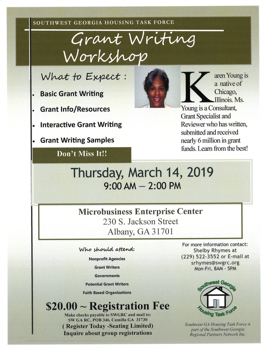 SWGRC2's tweet image. Interested in Grant Writing??? Well the time is here.  Registration is $20. REGISTER TODAY!!! SEATING IS LIMITED. Contact Shelby Rhymes for more information at 229.522.3552 or srhymes@swgrc.org