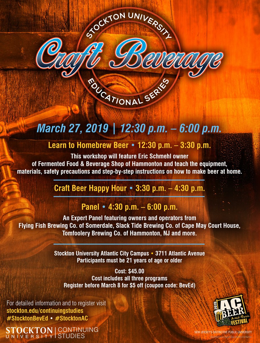 Stockton_CS's tweet photo. #StocktonBevEd will be offering a Craft Beer Educational Series at #StocktonAC for 2019 @ACBeerFest Learn to #homebrew #beer , #HappyHour and a discussion panel.
#lifelonglearning
For more information and to register call us at 609-652-4227 https://t.co/uhz7Fw19NM