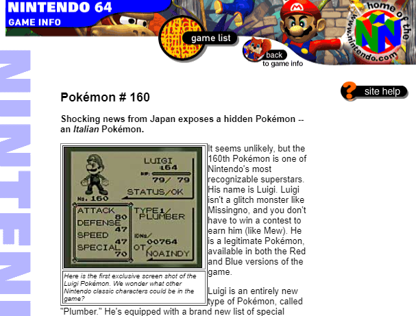 MrTalida on X: That time @NintendoAmerica trolled everyone, claiming that  Luigi was a secret 160th Pokemon in Red & Blue and was an evolution of  Lickitung.  / X