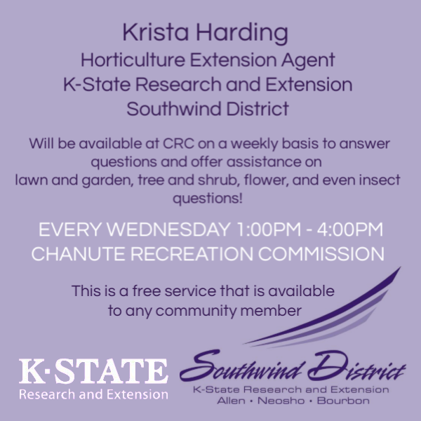 ChanuteRec's tweet image. We are so excited for this opportunity! Krista Harding, Southwind Horticulture Agent, will have a remote office here at CRC beginning next Wednesday afternoon February 28th.  Krista will be here for ALL of your horticulture needs - she can even help with insect questions, too!
