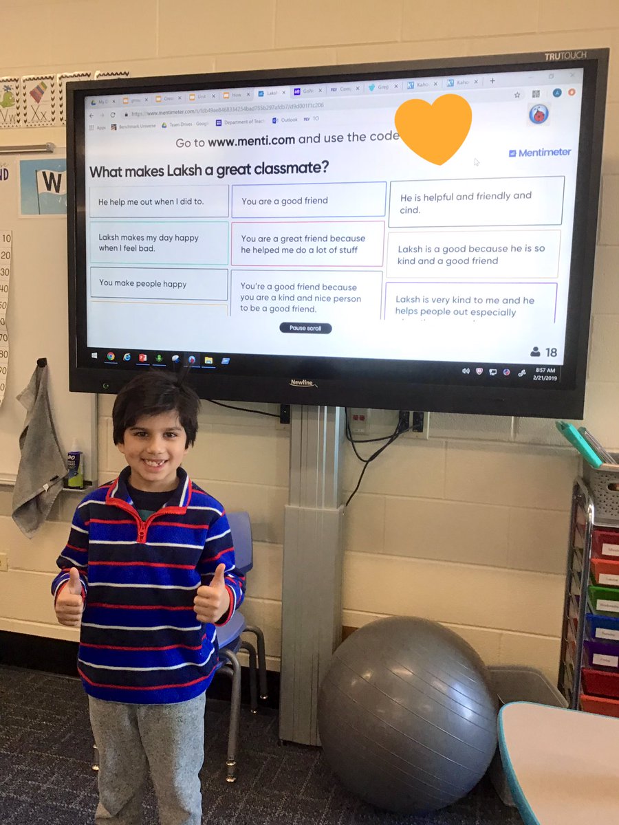 Using <a href="/Mentimeter/">Mentimeter</a> to spotlight students in first grade. Nothing is greater than feedback from your peers on what makes you great! #wearet4 #weareDirksen #54happiness #bettertogether