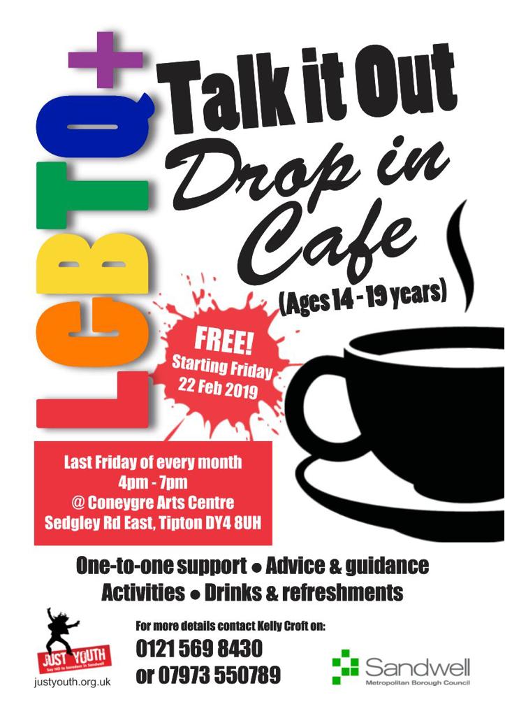 Tomorrow we launch a new drop in cafe for #LGBT young people in Sandwell aged 14-19 in #LGBTHistoryMonth. The monthly cafe will take place at Coneygre Arts Centre on the last Friday of each month. <a href="/sandwellcouncil/">Sandwell Council</a> <a href="/SHAPESandwell/">SHAPE Sandwell</a> <a href="/SandwellDCS/">Sally Giles</a> <a href="/CouncillorSimon/">Councillor Simon Hackett</a> <a href="/brook_midlands/">Brook Midlands</a>