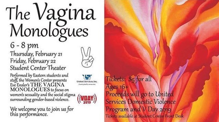 easternSTUact's tweet photo. Tonight and tomorrow @Eastern_WC will be hosting The Vagina Monologues from 6-8 PM in the Student Center Theater! Learn about sexuality as social stigma surrounding gender-based violence. Tickets are on sale for $5 and are available at the Student Center Information Desk ✌️ https://t.co/8iRE5CHMuf