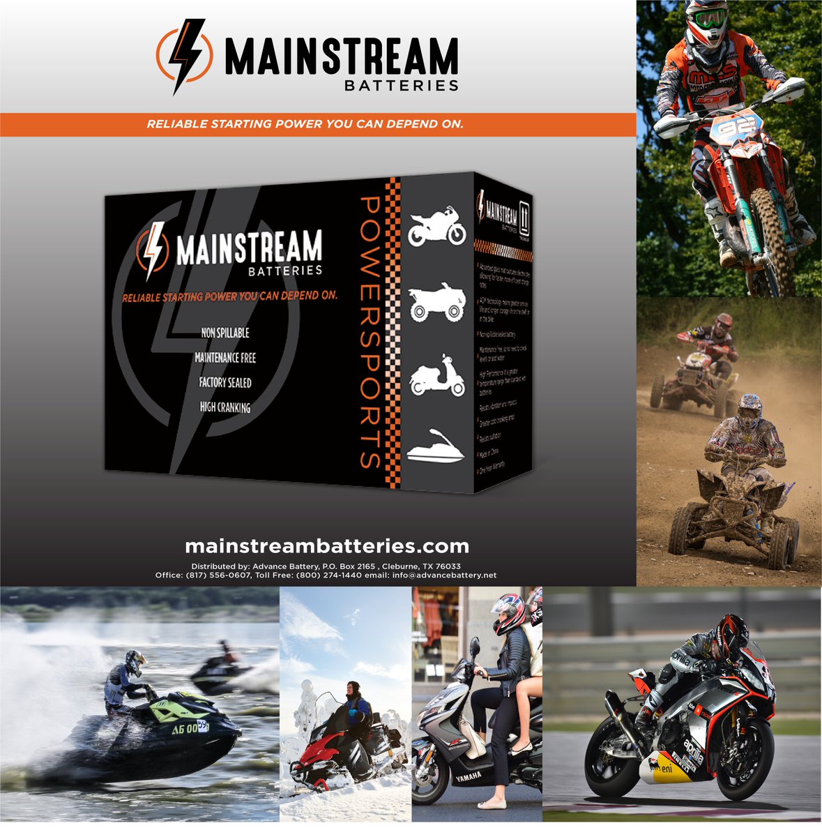 MainstreamBatts's tweet image. Fully charged and ready to go ⚡️Resists vibration and impacts ⚡️ Greater cold cranking amps⚡️ One Year Warranty
Call your Advance Battery Rep. 1-800-274-1440 
info@advancebattery.net     mainstreambatteries.com