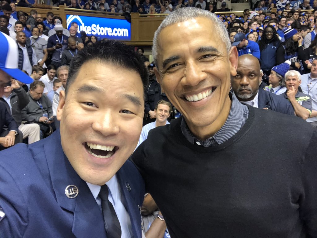 MarkJLindquist's tweet image. Honor of a lifetime to sing our National Anthem for @UNC_Basketball vs @DukeMBB at #CameronIndoorStadium and to top it off the Commander In Chief I served under in the #USAF President @BarackObama was in the audience. Thank you Mr. President!