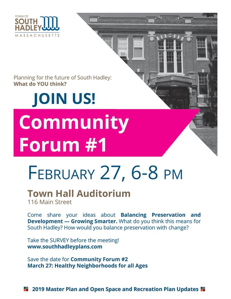 #SouthHadley is updating its Master Plan and Open Space and Recreation Plan, and wants to hear from residents. Voice your thoughts in a community forum on Feb. 27 from 6-8 p.m. in the South Hadley Town Hall Auditorium.

Can't attend? Take the survey, here: surveymonkey.com/r/southhadleyp…