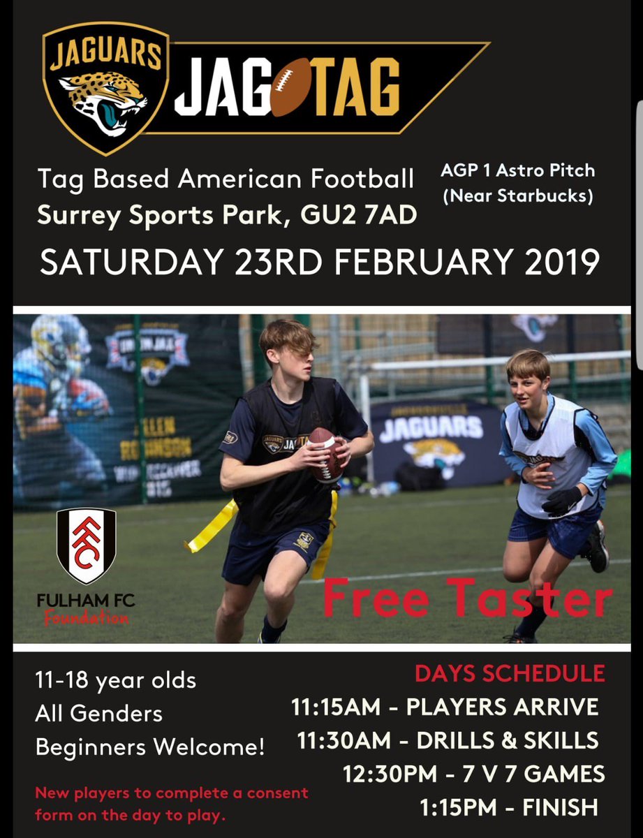 Fancy giving American football a go? Looking for a new sport?

Come and test your skills at our JagTag open day/taster session - free of charge this Saturday at <a href="/Surreysportpark/">Surrey Sports Park</a> 

#DUUUVAL #NFLUK #NFL #grassroots