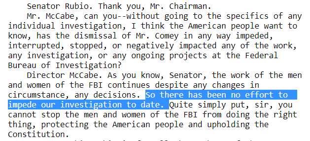 If there was no effort to impede the investigation, then there was no lawful predicate for an obstruction investigation. Either McCabe lied to SSCI, or he falsified the predicate for the obstruction case.