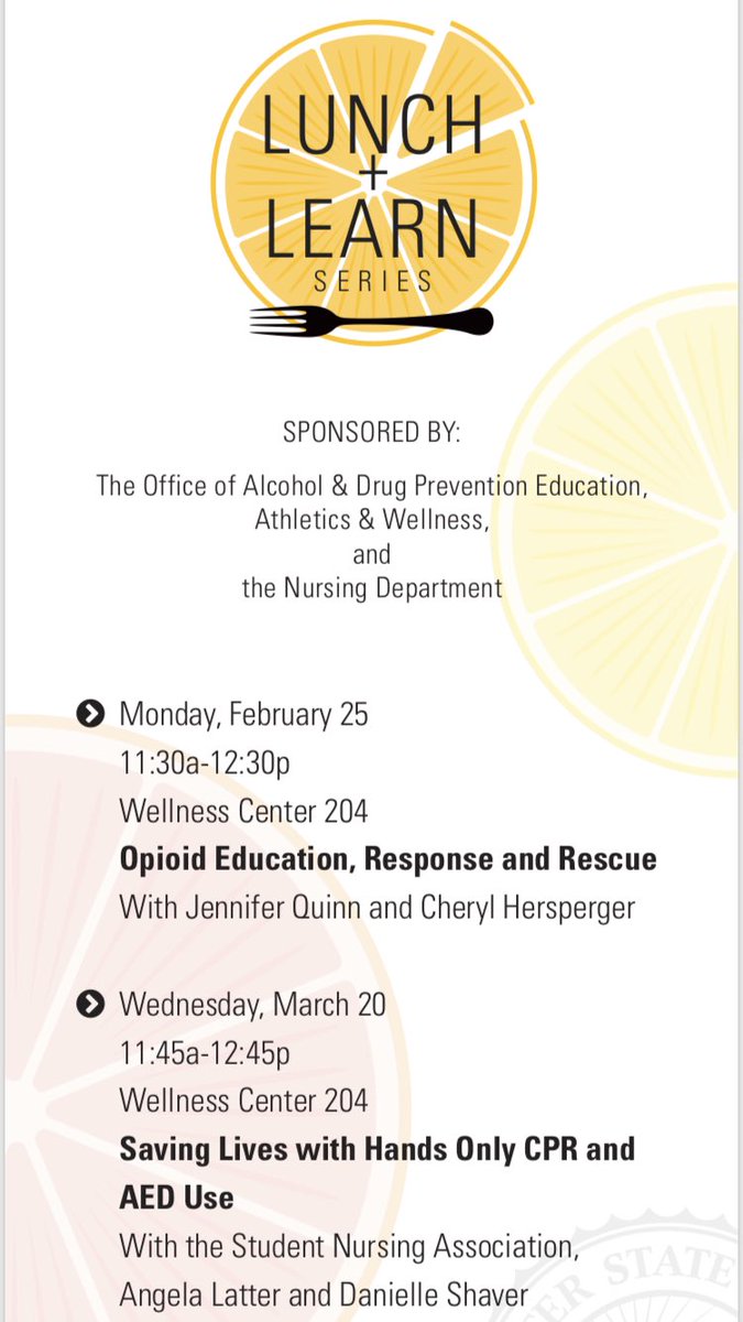 Come down to Wellness 204 and gain some insight and learn some health-related topics while enjoying lunch! <a href="/WorcesterState/">Worcester State</a> <a href="/wsulancers/">Worcester State Lancers</a> <a href="/WSU_SEC/">Woo State SEC</a> <a href="/WSU_OSILD/">OSILD at WSU</a> <a href="/WSU_SAAC/">Worcester State SAAC</a> <a href="/CAB_WSU/">Woo State CAB</a> <a href="/activeminds_wsu/">WSU Active Minds</a> @WSUEats