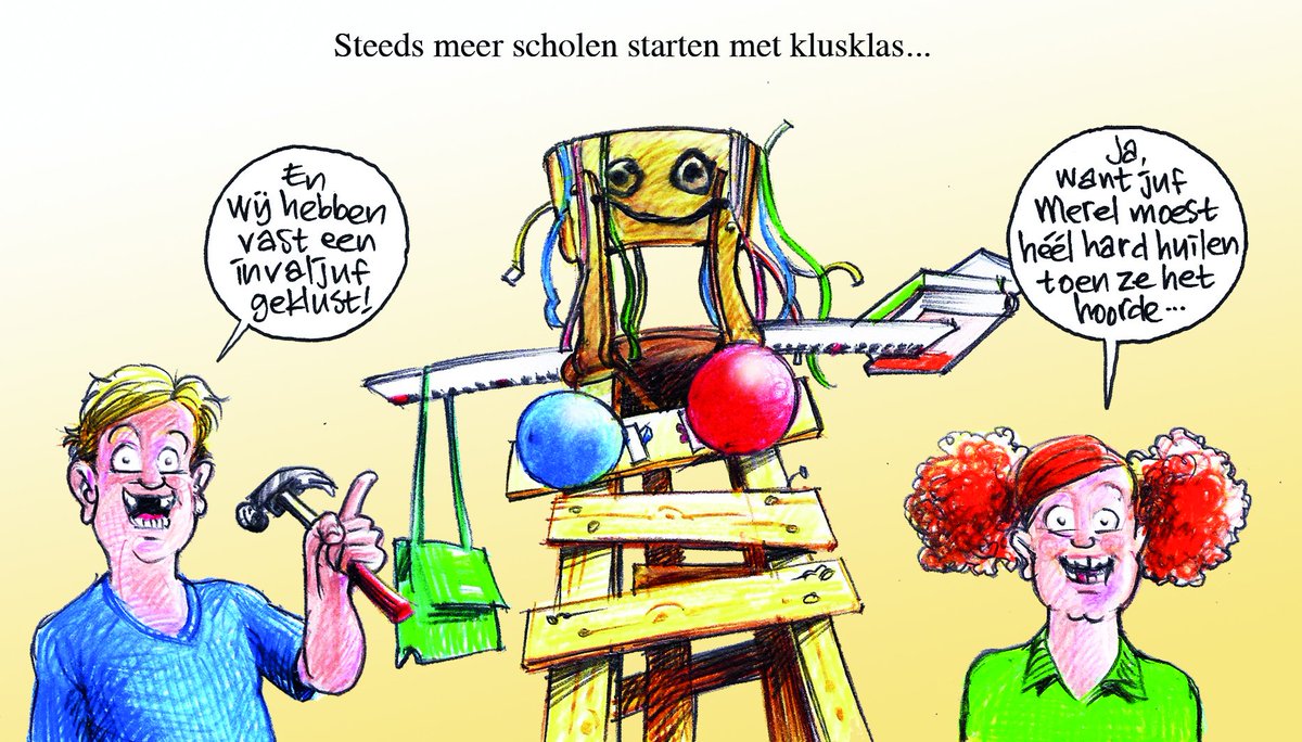 Vandaag in <a href="/DeGelderlander/">De Gelderlander</a>: Steeds meer scholen starten met klusklas... #cartoon #klusklas #invaljuf #lerarentekort #groteklassen #leerkrachten #juf #werkdruk