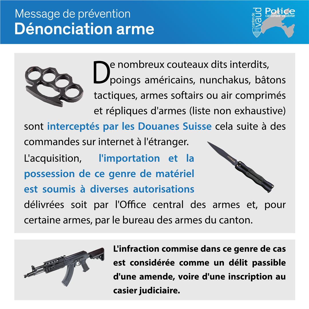 Depuis novembre 2018, le Bureau des armes de la Police cantonale vaudoise constate une augmentation des cas d'armes importées sans droit.
Avant de commander des armes sur internet, et pour ne pas commettre de délit, tous les renseignements utiles ici 👉 polvd.info/2Em9VLA