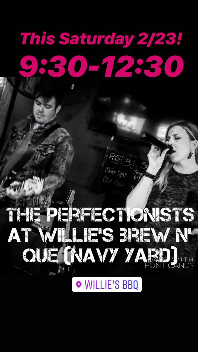We’re trying out a new venue in Navy Yard this Saturday 2/23! Join us at <a href="/Willies_DC/">Willie’s Sports Bar</a> from 9:30pm-12:3am! This is Ginny’s 4th to last show 😉 so be there!! 💚 #perfection #dclivemusic #saturdayindc #navyyard #williesbbq