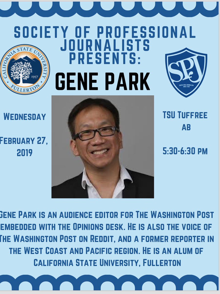 FullertonSpj's tweet photo. Hello everyone! SPJ would like for you all to join us next week for our conversation with @washingtonpost journalist @GenePark who will be joining us through Skype to give helpful tips on journalism. Not only that, but Gene is a @csuf alumni, so you know it'll be great! @CSUFcomm https://t.co/fmCR9adt5e