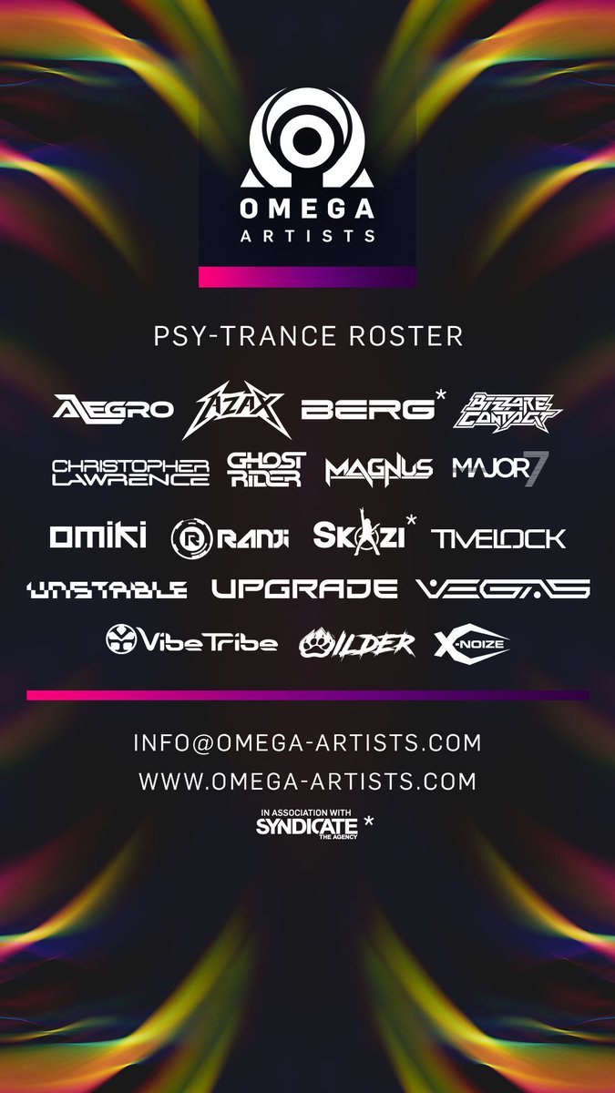 2019 we expand Omega Artists. New agents, new artists &amp; new styles of music

The 1st of our announcements surrounds our Psy Trance Division welcome <a href="/AlegroSound/">Alegro</a>, <a href="/BizzareContact/">Bizzare Contact</a> , <a href="/UnstableMX/">None</a> and Wilder 

For Bookings please contact

Bram@omega-artists.co…