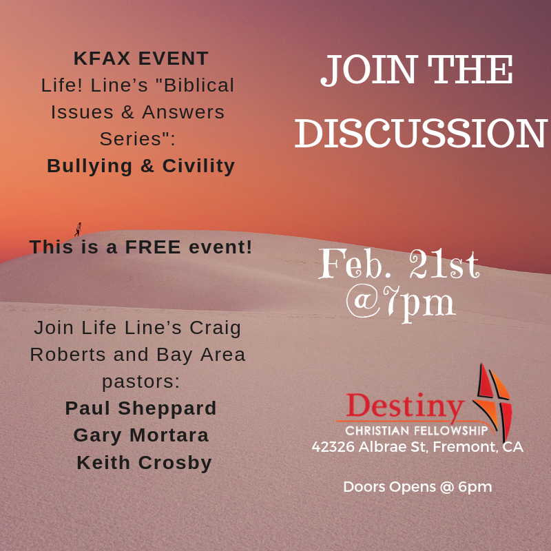 DestinyBayArea's tweet image. If you are near the San Francisco Bay Area and want to join the live discussion on Bullying &amp;amp; Civility hosted by #KFAX.  Please join us 2/21/19 at 7pm at DCF. @pastorpsheppard is one of the panelist.
#DCF #Destiny #BayArea #DestinyBayArea #LivingTheBlessedLife #Introducing #Hope