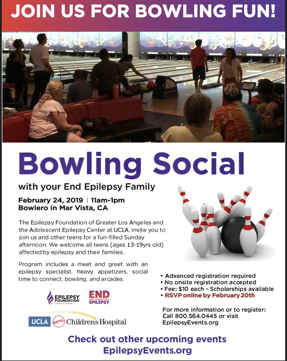 Dr. Madison Harris (@drharrisotd) on Twitter photo Join us 2/24/2019 for a fun-filled SUNAY of bowling, appetizers, and socializing! Location: Bowlero in Mar Vista, CA Time: 11am-1pm! We hope to see you there! <a href="/EpilepsyFdn/">Epilepsy Foundation of America</a> @endepilepsyGLA <a href="/TeenEpilepsyDoc/">Jason T Lerner, MD</a> <a href="/gavi_natalie/">Natalie Gavi</a> <a href="/BeckleNp/">Beck Reyes</a> #UCLAAdolescentEpilepsyCenter #Epilepsy #LosAngeles Join us 2/24/2019 for a fun-filled SUNAY of bowling, appetizers, and socializing! Location: Bowlero in Mar Vista, CA Time: 11am-1pm! We hope to see you there! <a href="/EpilepsyFdn/">Epilepsy Foundation of America</a> @endepilepsyGLA <a href="/TeenEpilepsyDoc/">Jason T Lerner, MD</a> <a href="/gavi_natalie/">Natalie Gavi</a> <a href="/BeckleNp/">Beck Reyes</a> #UCLAAdolescentEpilepsyCenter #Epilepsy #LosAngeles