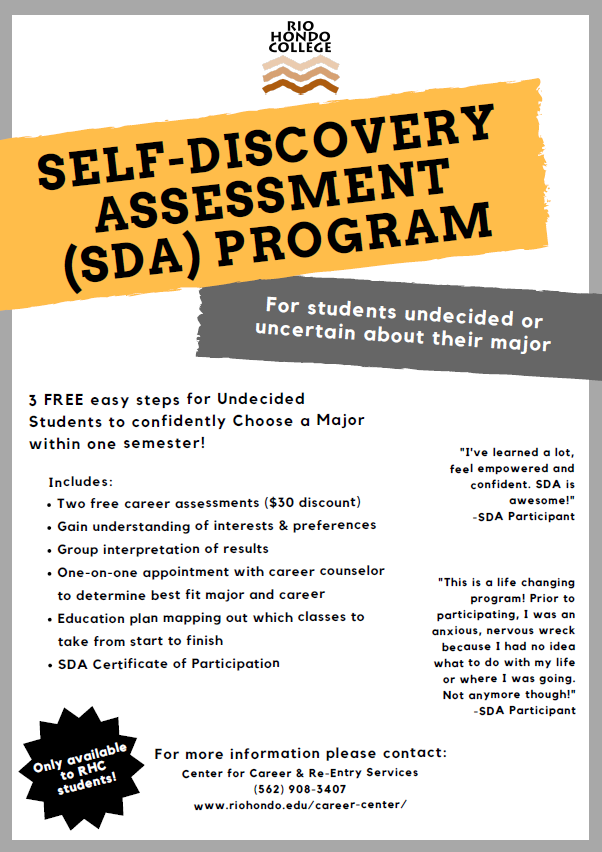 RHCCareerCenter's tweet photo. Are you undecided or uncertain about your major? 

Ask us how you can join the Self-Discovery Assessment (SDA) program to gain confidence to move forward with your education!

Call us @ 562-908-3407

#startriogoanywhere #RHCCCRS #adultreentry https://t.co/jEcbM7DwK7