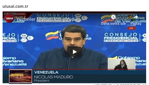 Yüzbinlerce Venezuelalı, ABD'nin olası müdahalesine karşı Devlet Başkanı Maduro'ya destek gösterisi düzenledi.
<a href="/AydinlikGazete/">Aydınlık</a> <a href="/El_HainunHaifun/">Hainler Korkaktır</a> <a href="/MemoKukari/">Memo Kukari</a> @HakikiMehmetAli @the_Cibilliyet <a href="/ulusalkanal/">Ulusal Kanal</a> <a href="/y_NicolasMaduro/">Nicolas Maduro</a> <a href="/GazetenBertaraf/">Bertaraf Gazetesi</a> <a href="/NicolasMaduro/">Nicolás Maduro</a>
ulusal.com.tr/dunya/yuzbinle…