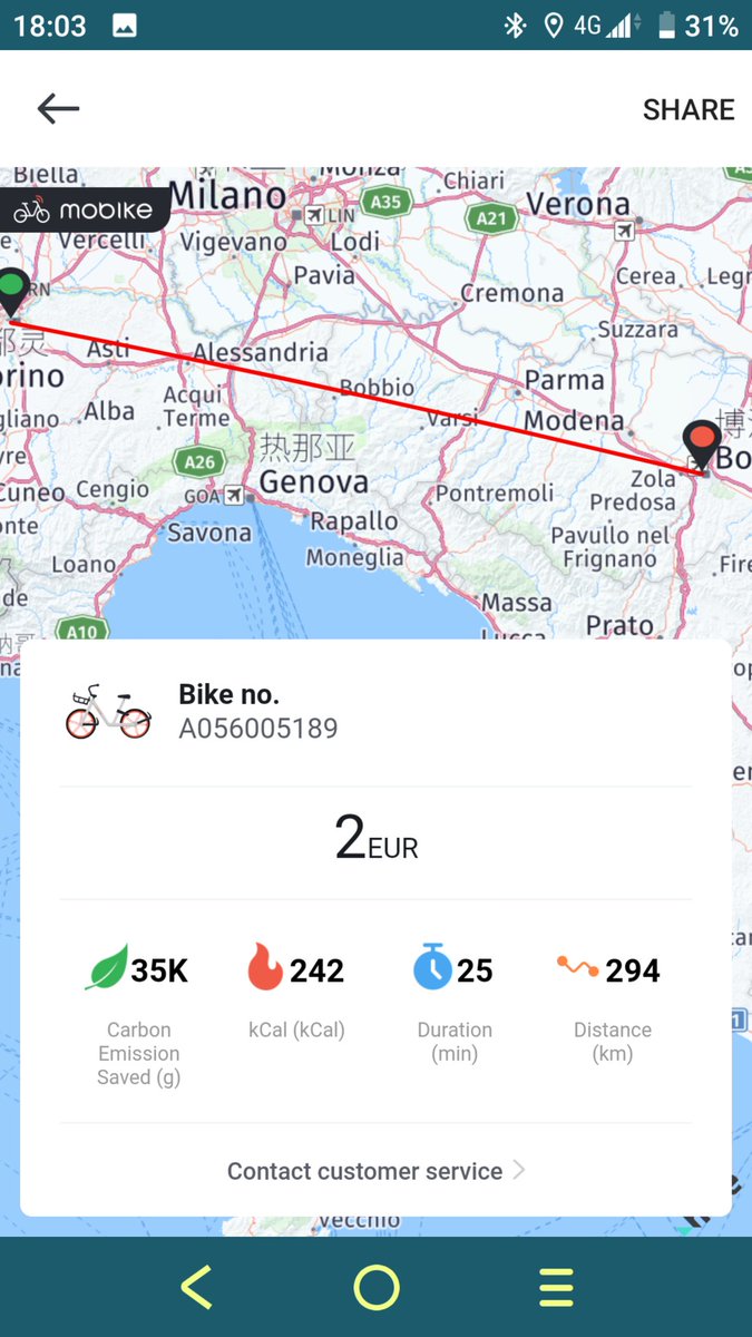 Apparently <a href="/MobikeIT/">It Mobike</a> thinks I can ride 294km from Turin to Bologna within 25min... #SuperMe