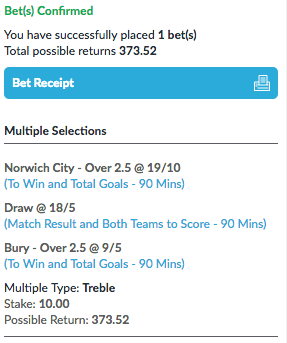 mrfixitstips's tweet photo. 💷 This week's #TwitterTreble pays £373.53
⚽️ Norwich Win & Over 2.5
⚽️ Bristol R v Sunderland Draw & BTTS
⚽️ Bury Win & Over 2.5
💰 Follow me & RT for the chance to win the Betslip.
👇 Add it direct to your betslip
https://t.co/LSfGvgq5xZ
(18+ Be GambleAware) https://t.co/QzMK7Yp3xl