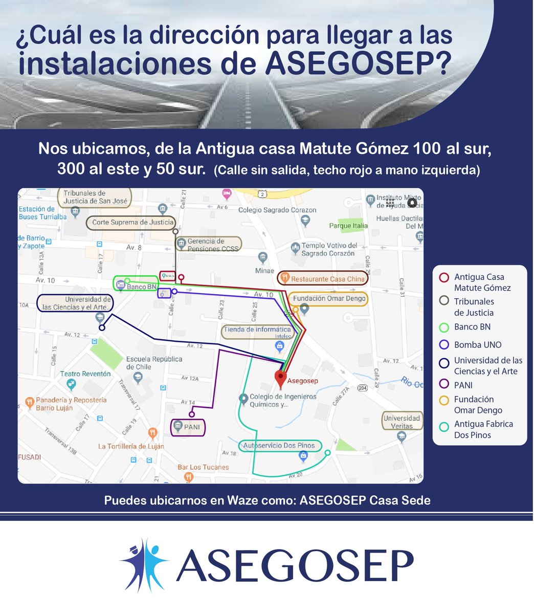 Las instalaciones de ASEGOSEP se ubican en San José, Barrio González Lahmann. Laboramos de Lunes a Viernes en Horario: 8 a.m. a 5 p.m. Dirección  Waze: waze.com/ul/hd1u0qzpvq  #AsegosepComunica