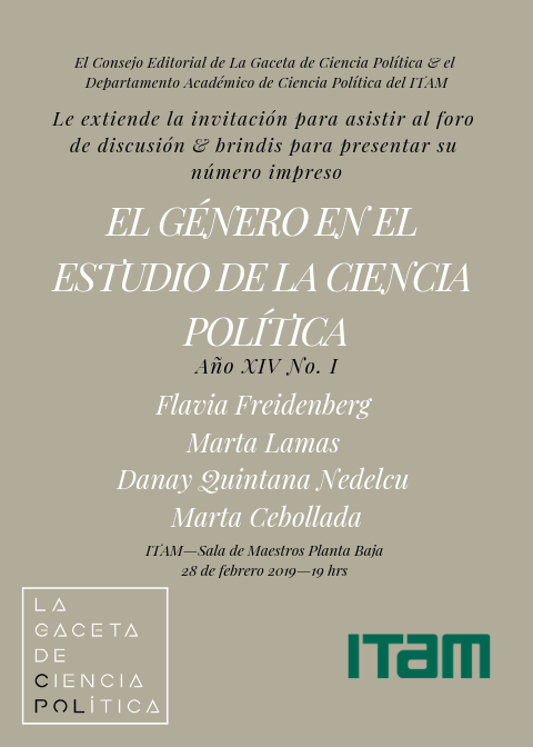 Las y los invitamos a la publicación de nuestro nuevo número impreso "El Género en el Estudio de la Ciencia Política. Contaremos con un foro de discusión y un brindis de celebración. La cita es el jueves 28 de febrero en la Sala de Maestros del ITAM. 

¡Ahí nos vemos!