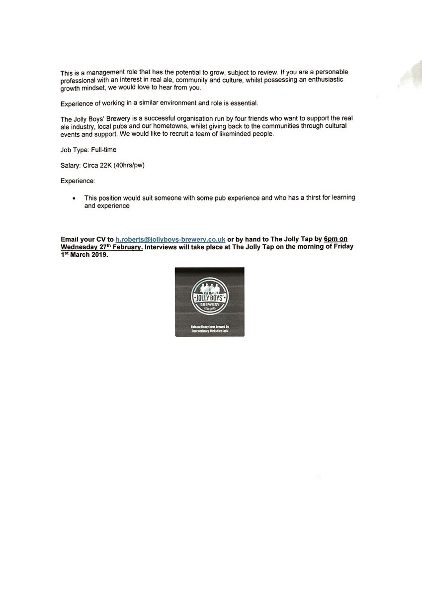 Here’s the Bar Manager job spec for <a href="/JollyTap/">The Jolly Boys Mallard, Moorthorpe</a> Please share with anyone you think might fit the bill!! Thanks!