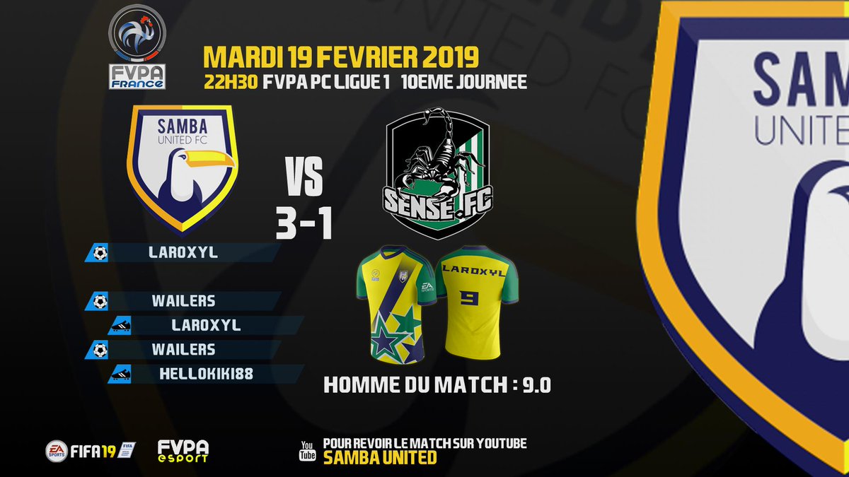Samba United (@sambautd) on Twitter photo Pour les deux derniers matchs avant la trêve
🏆<a href="/FVPAeSport/">FVPA Esport</a>
🆚<a href="/OservSenseFC/">Oserv Sense FC</a> 2⃣➖2⃣❎
🆚<a href="/OservSenseFC/">Oserv Sense FC</a> 3⃣➖1⃣✅
Aller chercher 4 points sur 6 face au vice champion et actuel top 4 du championnat, félicitations ! Mais cela n'a été possible qu'après une reprise en main de chacun. Pour les deux derniers matchs avant la trêve
🏆<a href="/FVPAeSport/">FVPA Esport</a>
🆚<a href="/OservSenseFC/">Oserv Sense FC</a> 2⃣➖2⃣❎
🆚<a href="/OservSenseFC/">Oserv Sense FC</a> 3⃣➖1⃣✅
Aller chercher 4 points sur 6 face au vice champion et actuel top 4 du championnat, félicitations ! Mais cela n'a été possible qu'après une reprise en main de chacun.