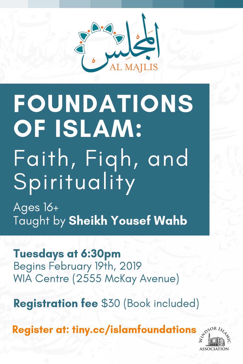 WIA_ca's tweet photo. Every Tuesday at 6:30pm beginning February 19th at the WIA Center. 
Course taught by Sheikh Yousef Wahb. Registration fee $30 (book included) https://t.co/AOdy1iNJ0k