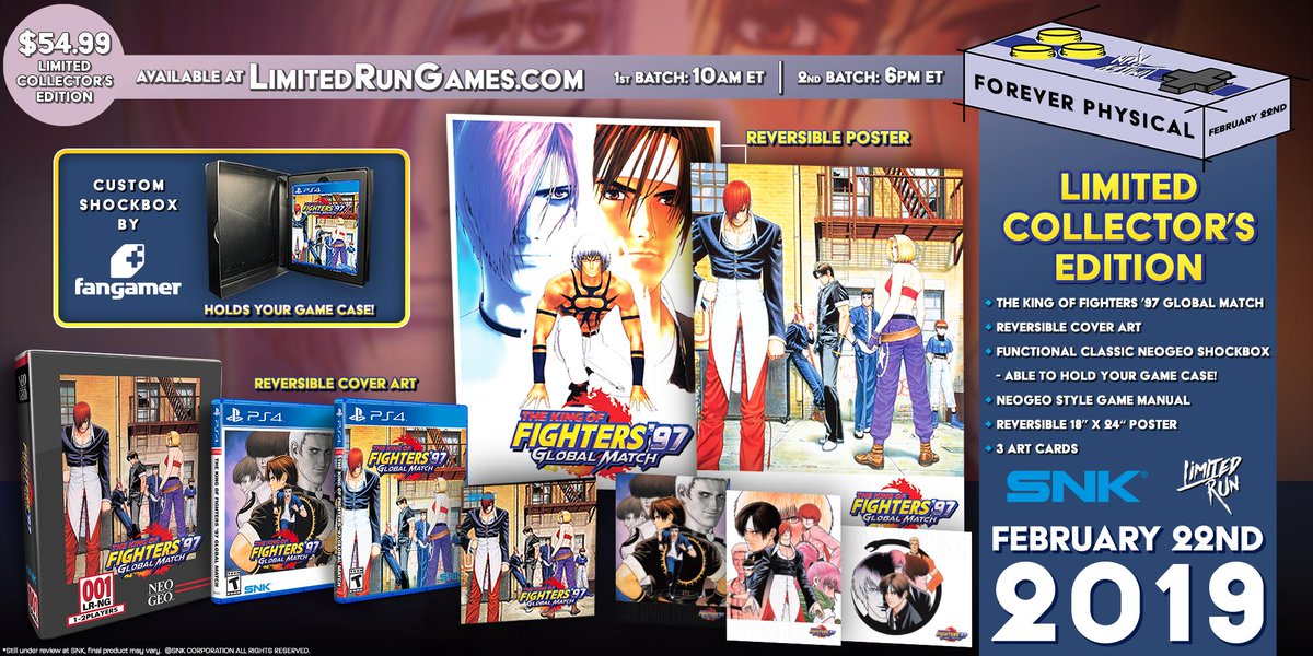 LimitedRunGames's tweet photo. The King of Fighters '97: Global Match gets its Limited Run TOMORROW for PS4 and Vita. Grab the standard edition or get the loaded Collector's Edition, complete with a functional Shockbox custom-made by @Fangamer! https://t.co/5Lksol4sqo https://t.co/x8kAWrZ3WY