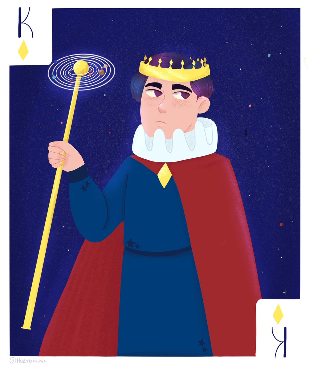 3/10 - king of galaxy 🌙🌌 #art #artist #digitalart #digitaldrawing #linelessart #oc #characterdesign #boy #characterconcept #conceptart #illustration #artistsontwitter #procreate #femaleartist #cards #deck #king #galaxy #stars #planets #solarsytem #crown instagram.com/mermaidcheu/p/…