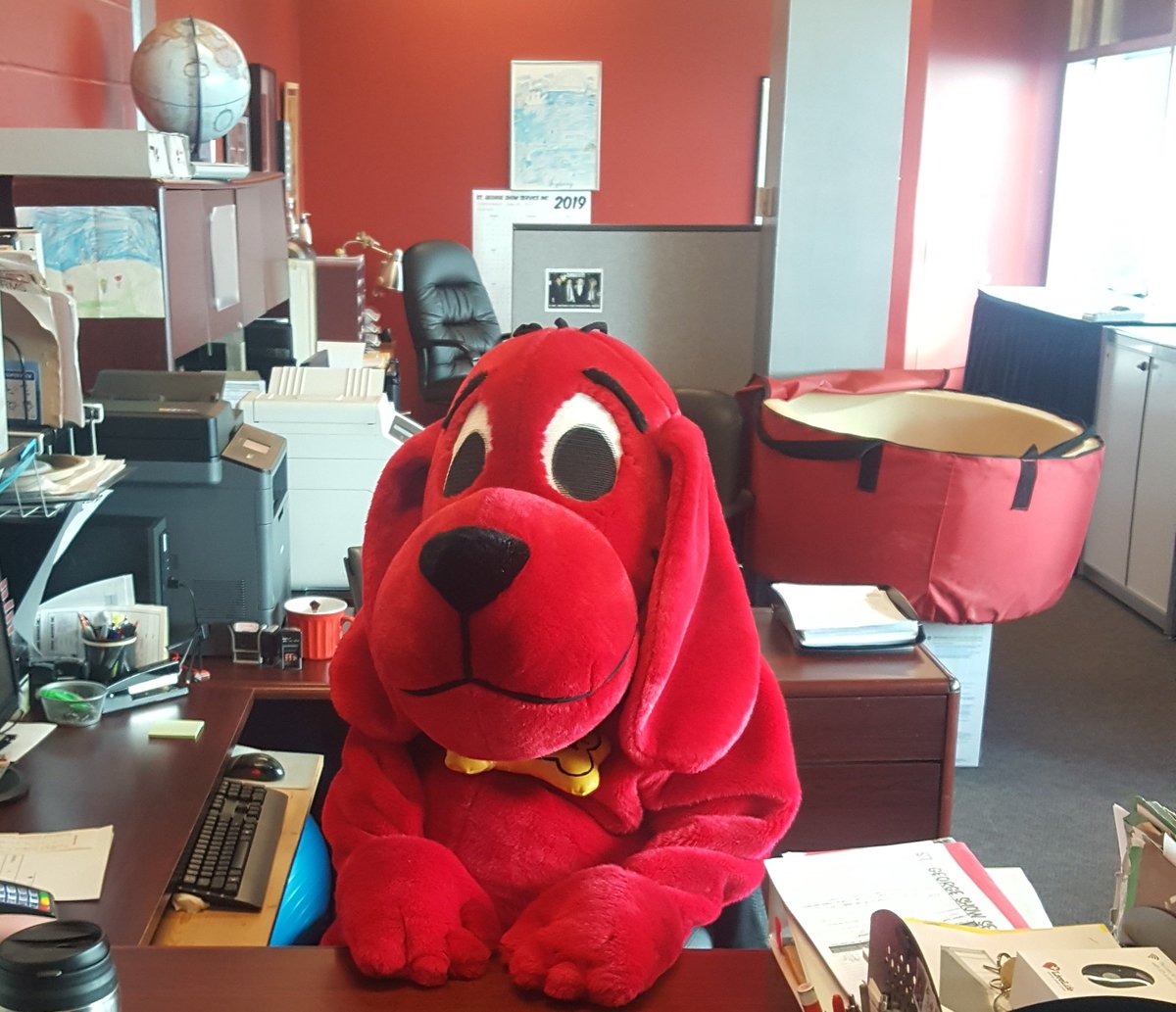 stgeorgeshow's tweet photo. Hey @scholasticCDA.... what's minimum wage for Clifford? Thanks for helping in the @stgeorgeshow office, buddy.  #pdtc2019 https://t.co/qsK38VnjTU