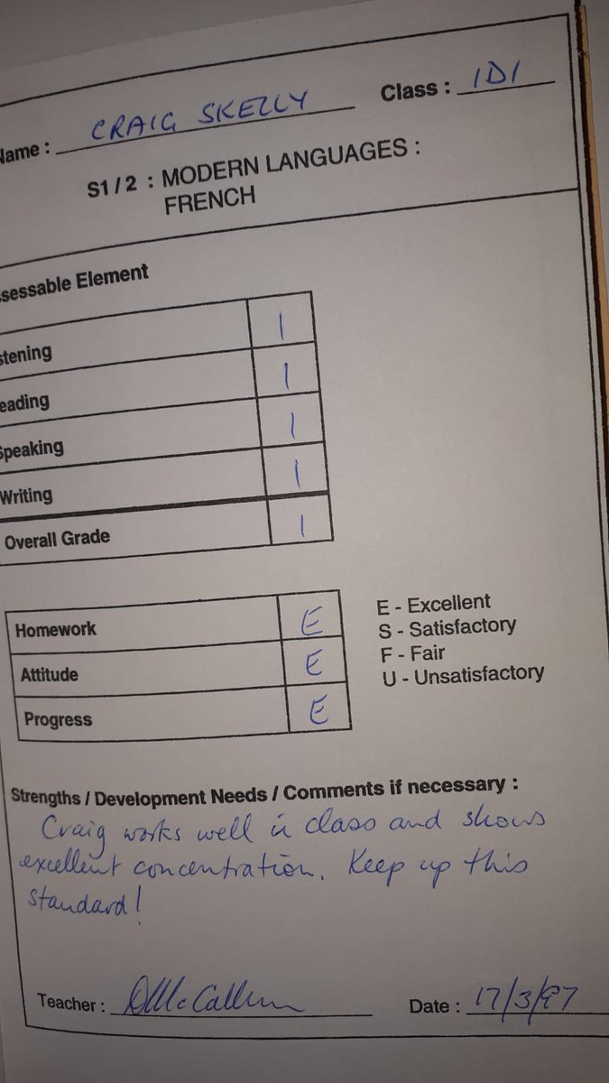 CraigSkelly84's tweet photo. My maw found a few of my school reports from 1997. What a swot 😅 #braeview #teacherspet #alifetimeago https://t.co/Ze23pJF7MC
