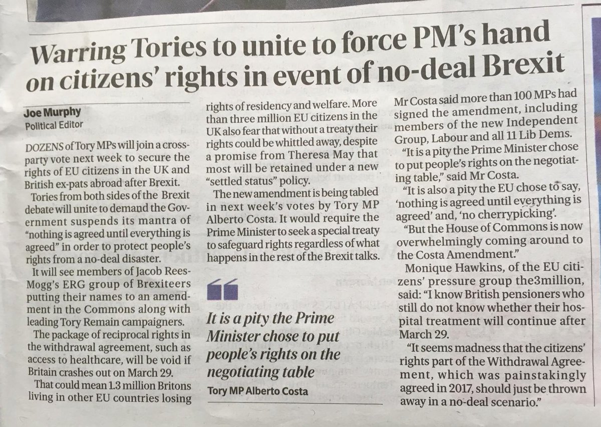 The Costa Amendment on #citizensrights of the 3.6m EU citizens in the UK &amp; 1.2m <a href="/BritishInEurope/">British in Europe</a> featured in tonight's @EveningStandard. Over 100 cross party MPs from both sides of the Brexit debate already signed the <a href="/AlbertoCostaMP/">Alberto Costa MP - South Leicestershire</a> amendment.