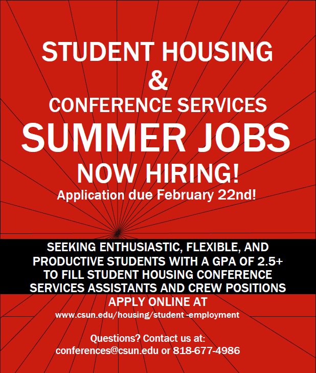 CSUN_SH's tweet image. Attentions CSUN Students...Looking for a summer job? We Are Hiring! Application are due tomorrow. Don&apos;t miss out on this great opportunity!  ow.ly/ZpSv30nMUHD #csun #csunstudents #csunstudenthousing #matadorlife #successliveshere