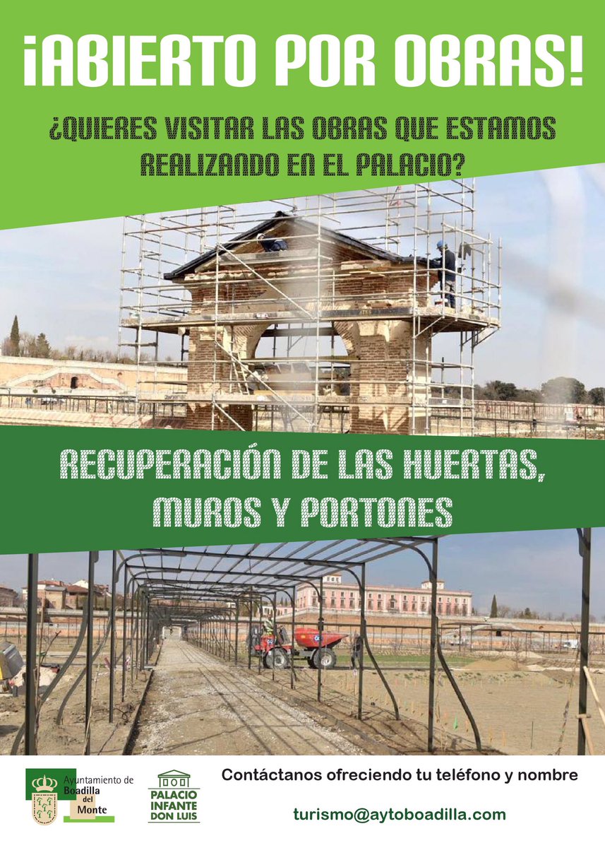 No olvides que hemos reactivado el programa “Abierto por Obras” para conocer las actuaciones en las huertas del palacio. Empezamos este fin de semana 👉 bit.ly/2DZH2Ui. Escribe a turismo@aytoboadilla.com con tu nombre y teléfono