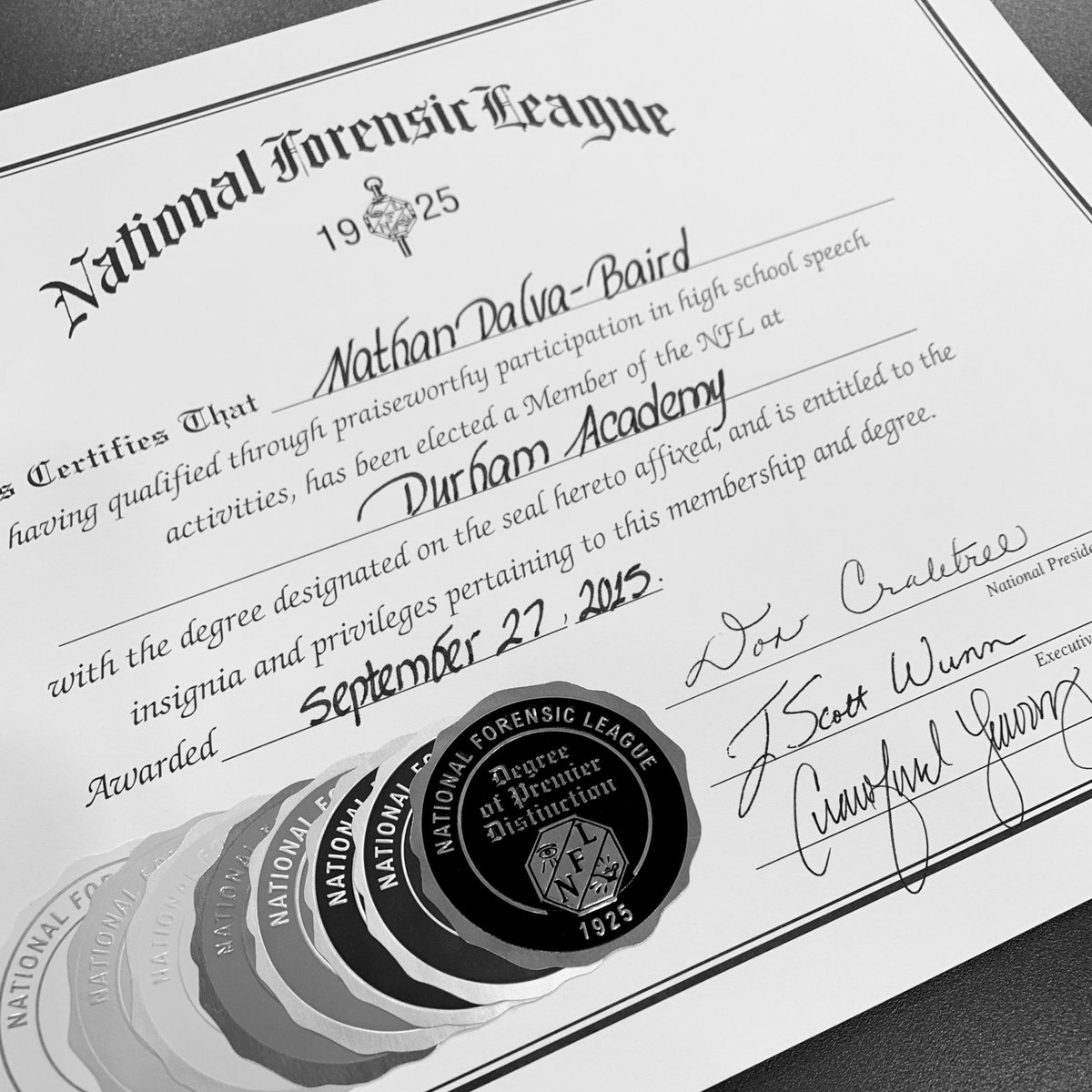 [PREMIER] Congratulations to Senior Nathan Dalia-Baird who earned the Degree of Premier Distinction from <a href="/speechanddebate/">National Speech & Debate Association</a>. #DAbate #GoCavs