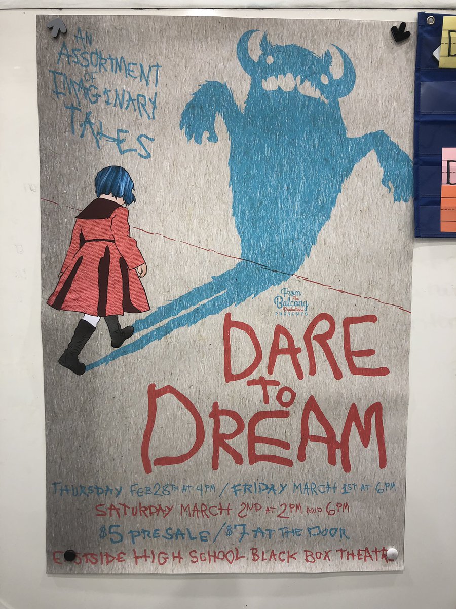 balconyEHS's tweet photo. Drama hasn’t slowed down once this year. Dare to Dream, a series of one acts, is all about imaginary tales. The show goes up on Feb. 28th @ 4, Mar. 1st @ 6, and Mar. 2nd @ 2 and 6. Come out to feel like a kid again. Find any cast member for pre-sale tickets $5. $7 at the door. https://t.co/7g3kRoSIG2