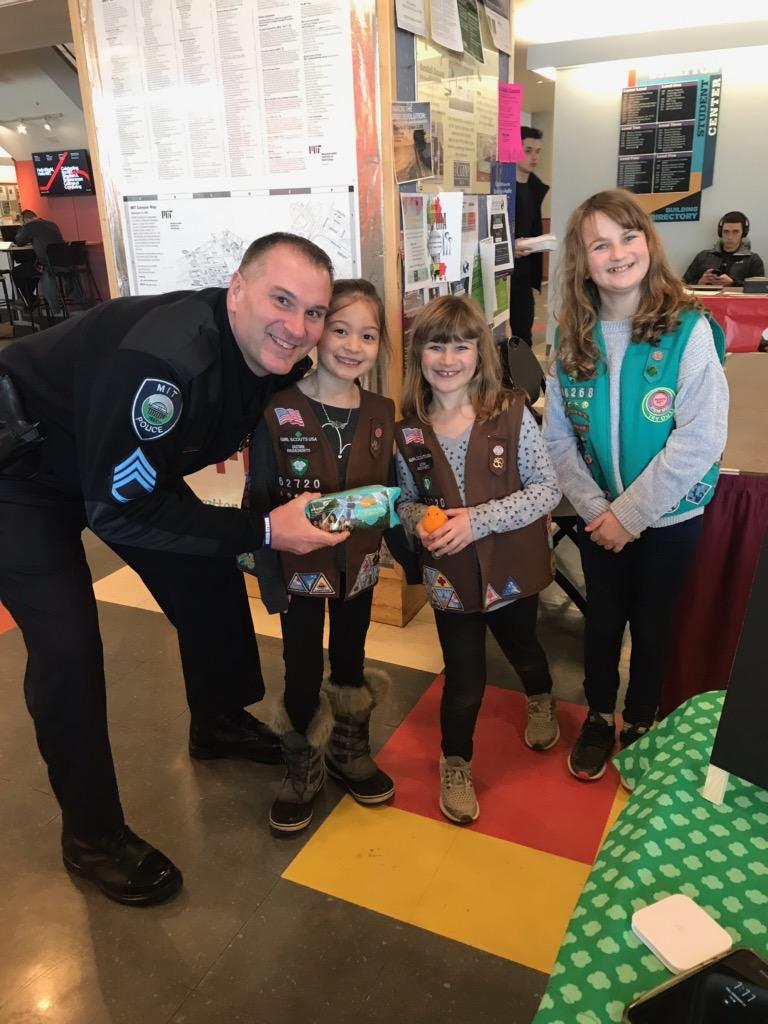 MITPolice's tweet photo. Today, a local Girl Scout Troop tracked down Sgt. Sousa in the Student Center. They wanted to share their delicious cookies with our officers as a way of saying Thank You. Many thanks to them for making our day! https://t.co/POoJXR102i