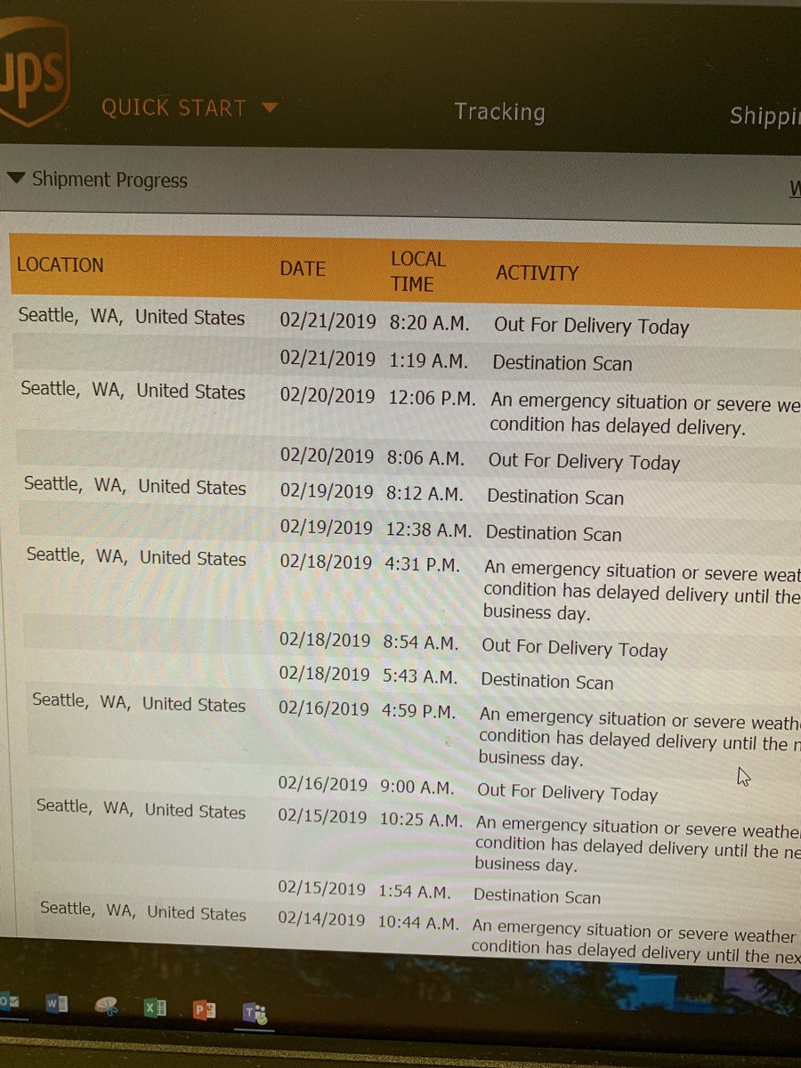 ormsbygr's tweet photo. @UPS snow been melted for days so, should I just plan on picking this up at the warehouse or just watch the Groundhog Day updates on the shipment progress? https://t.co/z46H8Zm01v