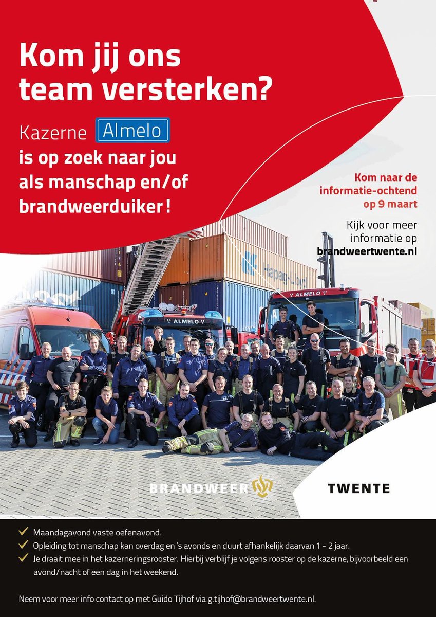 arjengerritsen's tweet photo. Kom jij hun team versterken? Redders/hulpverleners/brandbestrijders (m/v) gezocht bij de kazerne #Almelo @BrandweerTwente. Kom kijken op 9 maart en meld je aan! https://t.co/eoUs38XBri