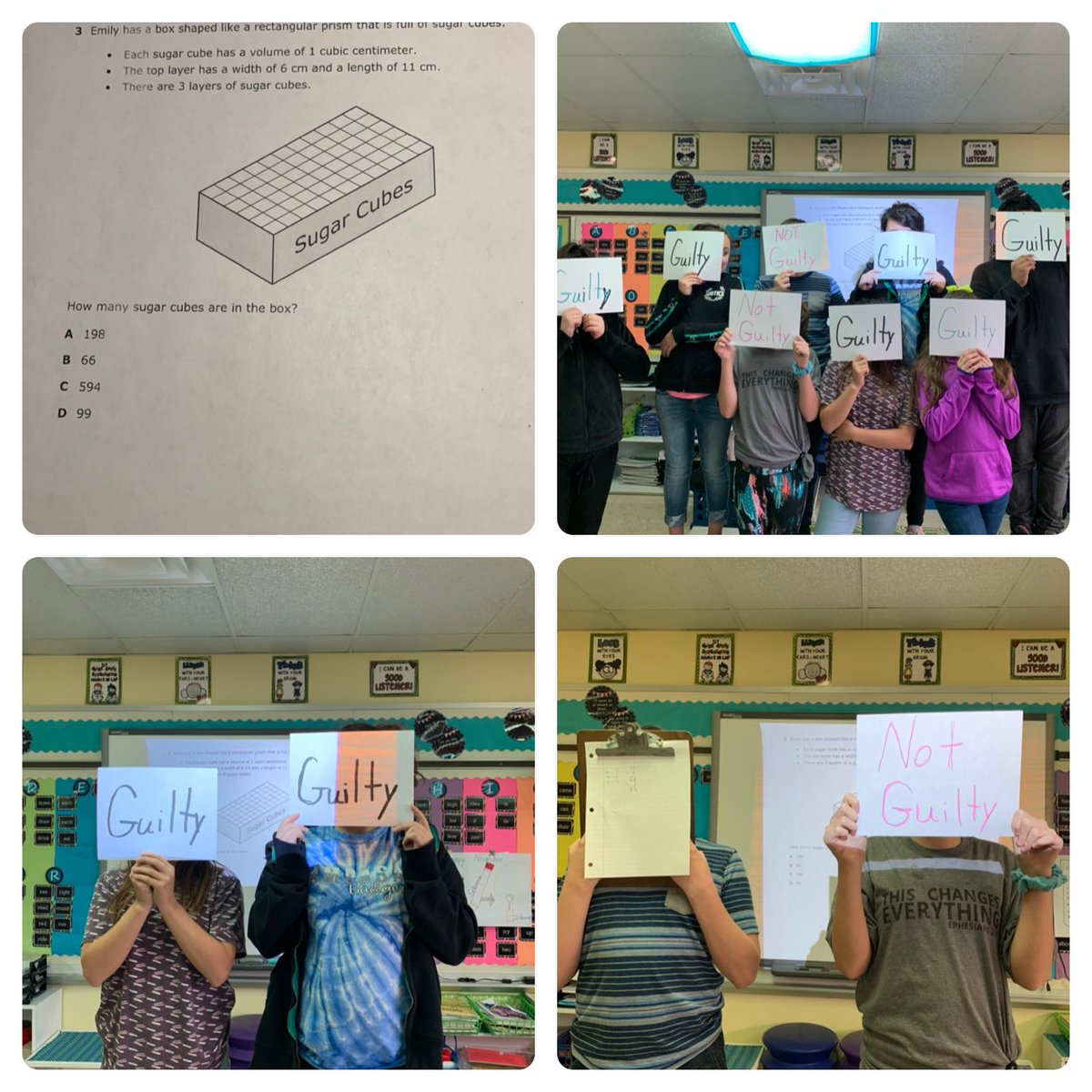 Four Corners with a TWIST!!  Given an answer to Prosecute or Defend.  Solve then go to your corner and get ready to justify. Guilty or NOT!! #gobeyondlampasas ⁦<a href="/LampasasKWE/">Kline Whitis Elem</a>⁩ ⁦<a href="/LampasasISD/">Lampasas ISD</a>⁩ #lead4forward