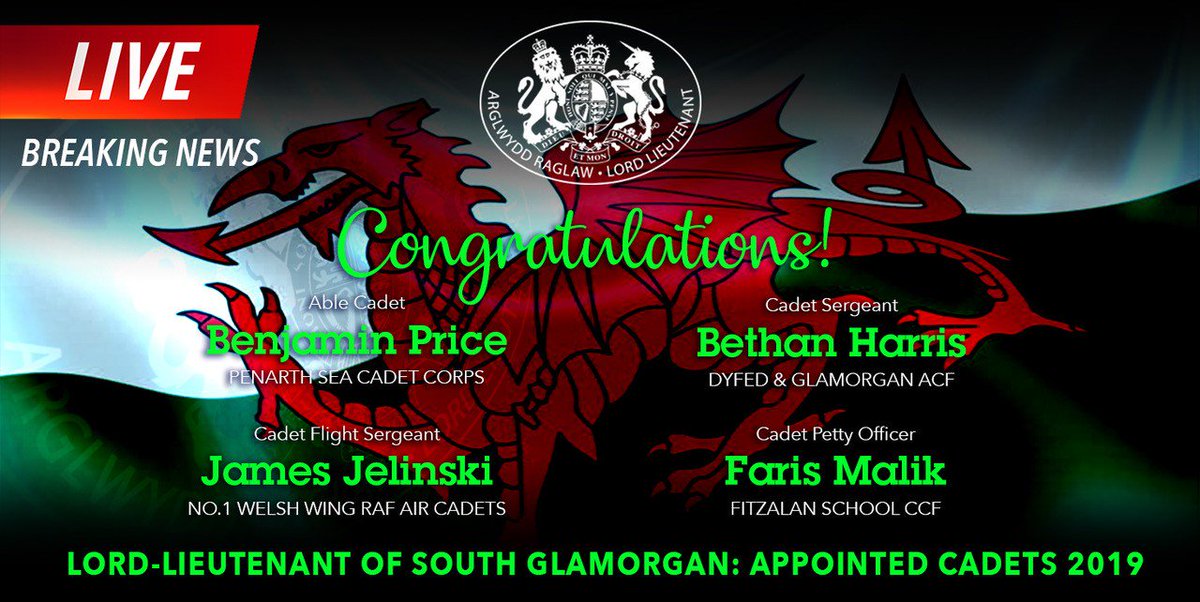 Mrs Meredith will now appoint four Lord-Lieutenant’s Cadets to assist her and act as ambassadors for young people in South Glamorgan. It is one of the highest honours a Cadet can receive. Congratulations to the#LLAWales19 LL Cadets: