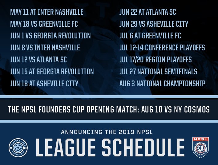 ChattanoogaFC's tweet photo. ITβS HERE: The 2019 @NPSLSoccer Regular season schedule is out!
Grab a π
βοΈthe π
EVERY home match is included in your season ticket package.
π: https://t.co/vkB5AGY3jr
#IsitMayYet #StandUPforCFC #OnwardCFC https://t.co/IEa6Kp3Rzu
