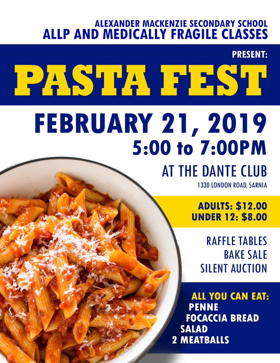 The Special Education Department at Alexander Mackenzie Secondary School is hosting their 13th annual Pasta Fest and Silent Auction tonight (Thurs, Feb 21st) at the Dante Club Sarnia (1330 London Road)!!!