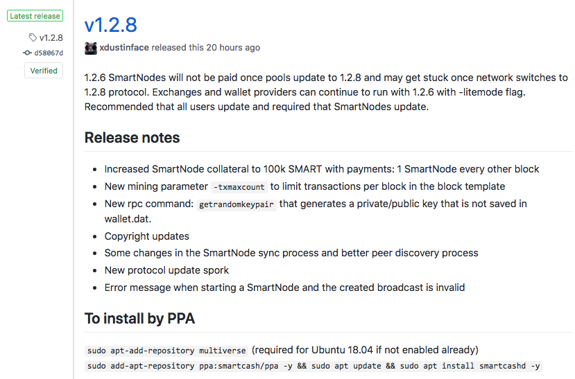 1.2.8 is available now, SmartNode operators will be required to update and meet new collateral requirement. 1.2.8 nodes will begin being paid at block 910,000 around February 24th. <a href="/scashofficial/">SwiftCash</a> #SmartCash #SmartNodes github.com/SmartCash/Core…